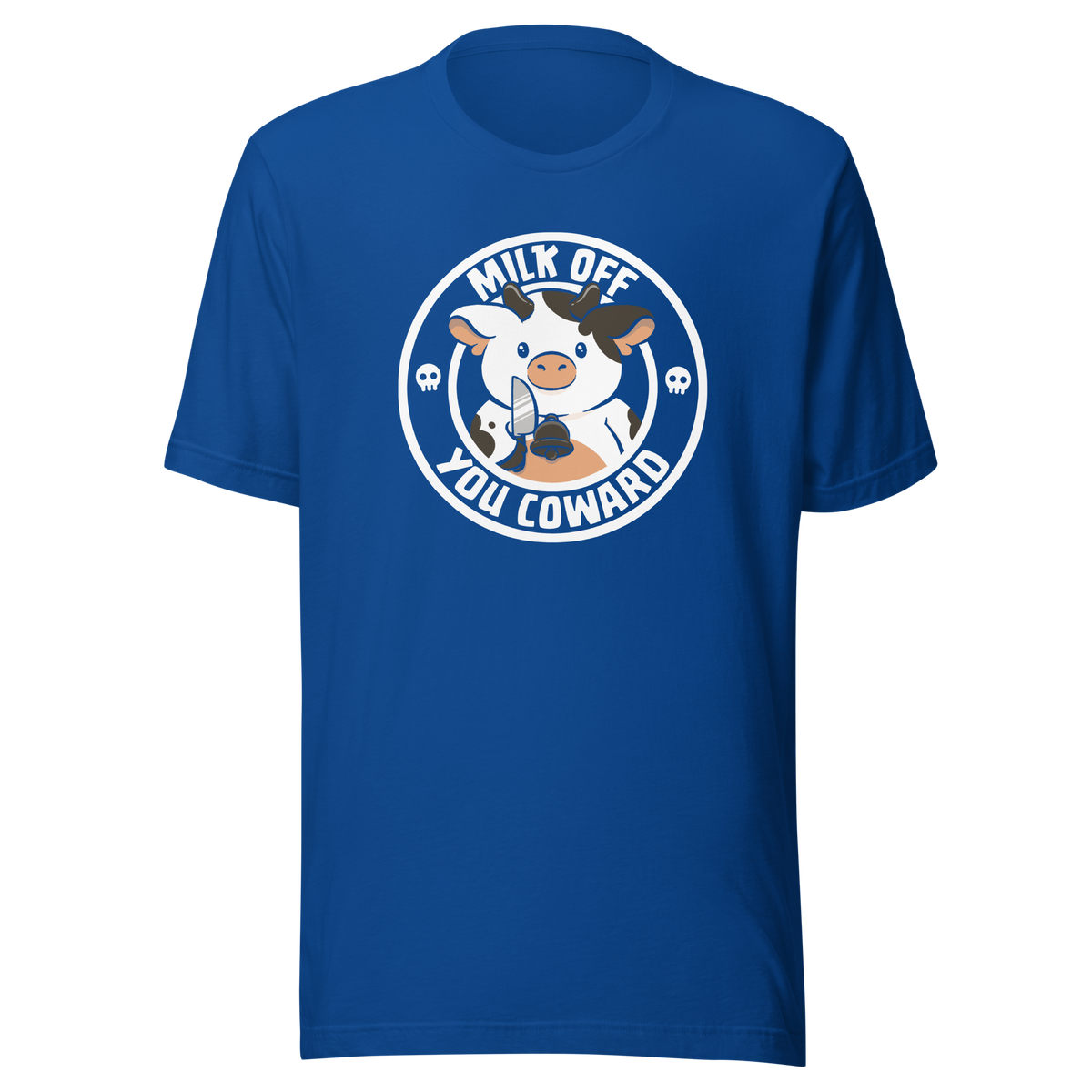 A quirky stamp-style design featuring a cute spotted cow holding a knife alongside the phrase "Milk Off You Coward". Blending dark humour with a cheeky attitude, this playful design is perfect for cow lovers, fans of sarcastic humour, and anyone who enjoys bold, irreverent artwork.