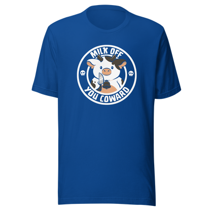 A quirky stamp-style design featuring a cute spotted cow holding a knife alongside the phrase "Milk Off You Coward". Blending dark humour with a cheeky attitude, this playful design is perfect for cow lovers, fans of sarcastic humour, and anyone who enjoys bold, irreverent artwork.