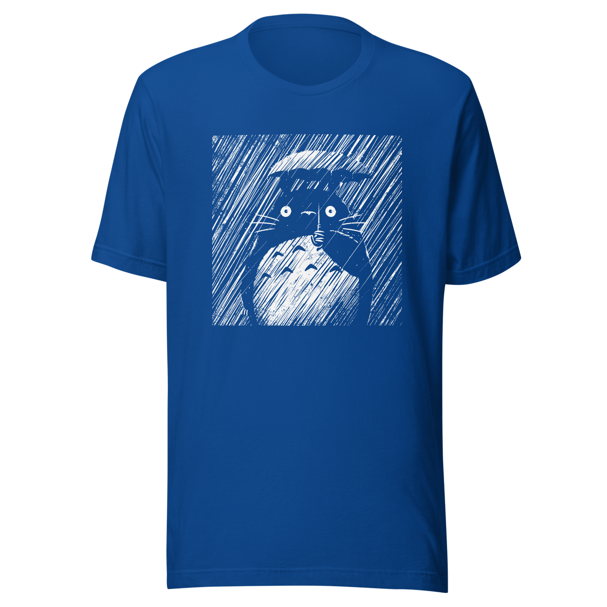 A large forest spirit stands still in the rain, holding a tiny umbrella while soaking in the storm. This black and white design captures a quiet, emotional moment with a vintage, textured style.