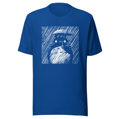 A large forest spirit stands still in the rain, holding a tiny umbrella while soaking in the storm. This black and white design captures a quiet, emotional moment with a vintage, textured style.