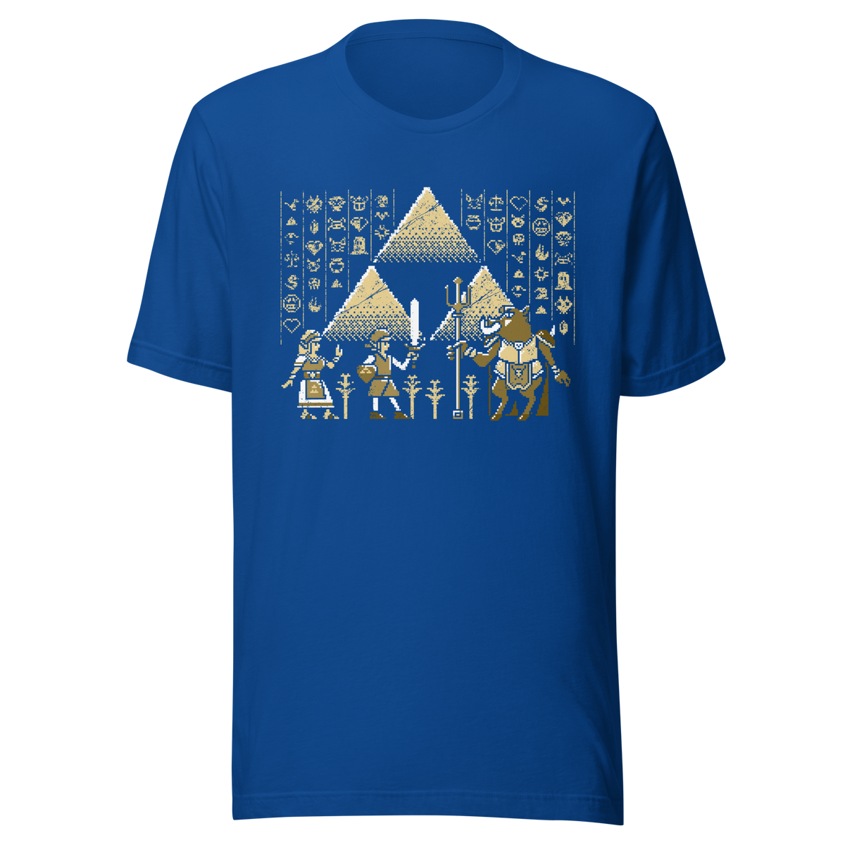 A pixel-style hero, princess, and beast clash in front of golden pyramids and mysterious symbols. This retro fantasy design blends ancient power with classic 8-bit vibes — perfect for old-school adventurers.