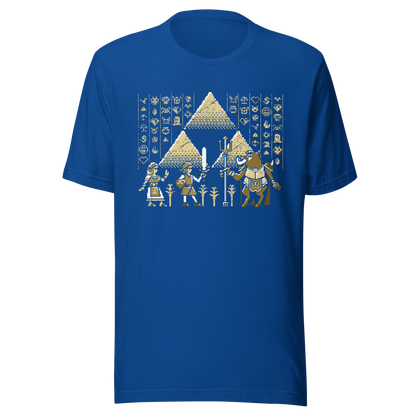 A pixel-style hero, princess, and beast clash in front of golden pyramids and mysterious symbols. This retro fantasy design blends ancient power with classic 8-bit vibes — perfect for old-school adventurers.