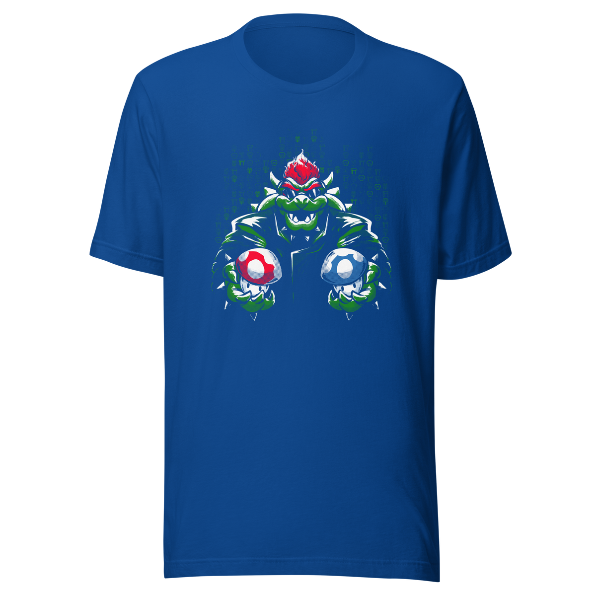 A fierce green fantasy creature with a red crest holds two colorful mushroom-like objects against a digital backdrop. Bold comic-style artwork, vivid contrasts, and a playful retro-gaming aesthetic create a powerful and energetic design.