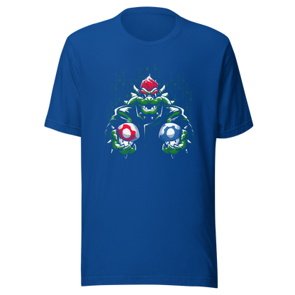 A fierce green fantasy creature with a red crest holds two colorful mushroom-like objects against a digital backdrop. Bold comic-style artwork, vivid contrasts, and a playful retro-gaming aesthetic create a powerful and energetic design.