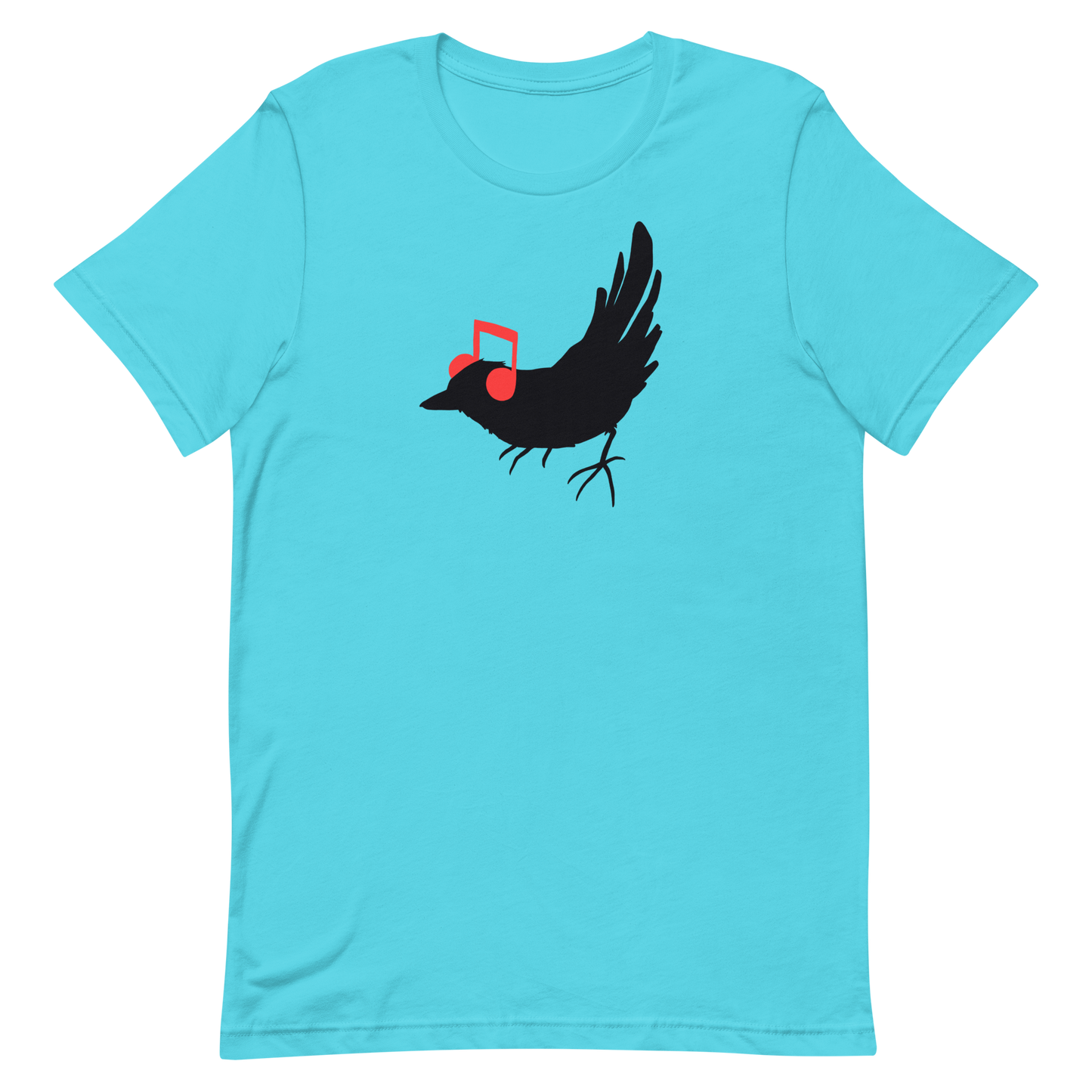 The drawing is a black silhouette of a bird in profile, standing on the ground, with bright red musical notes positioned like headphones over its ears, creating a whimsical and playful contrast. The drawing is simple, using solid colors and minimal details, giving it a modern and fun feel suitable for various merchandise like t-shirts, stickers, coffee cups, and skateboards.