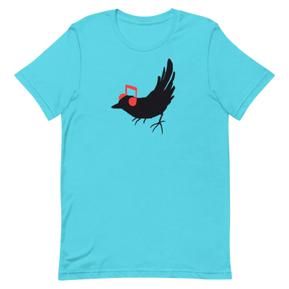 The drawing is a black silhouette of a bird in profile, standing on the ground, with bright red musical notes positioned like headphones over its ears, creating a whimsical and playful contrast. The drawing is simple, using solid colors and minimal details, giving it a modern and fun feel suitable for various merchandise like t-shirts, stickers, coffee cups, and skateboards.