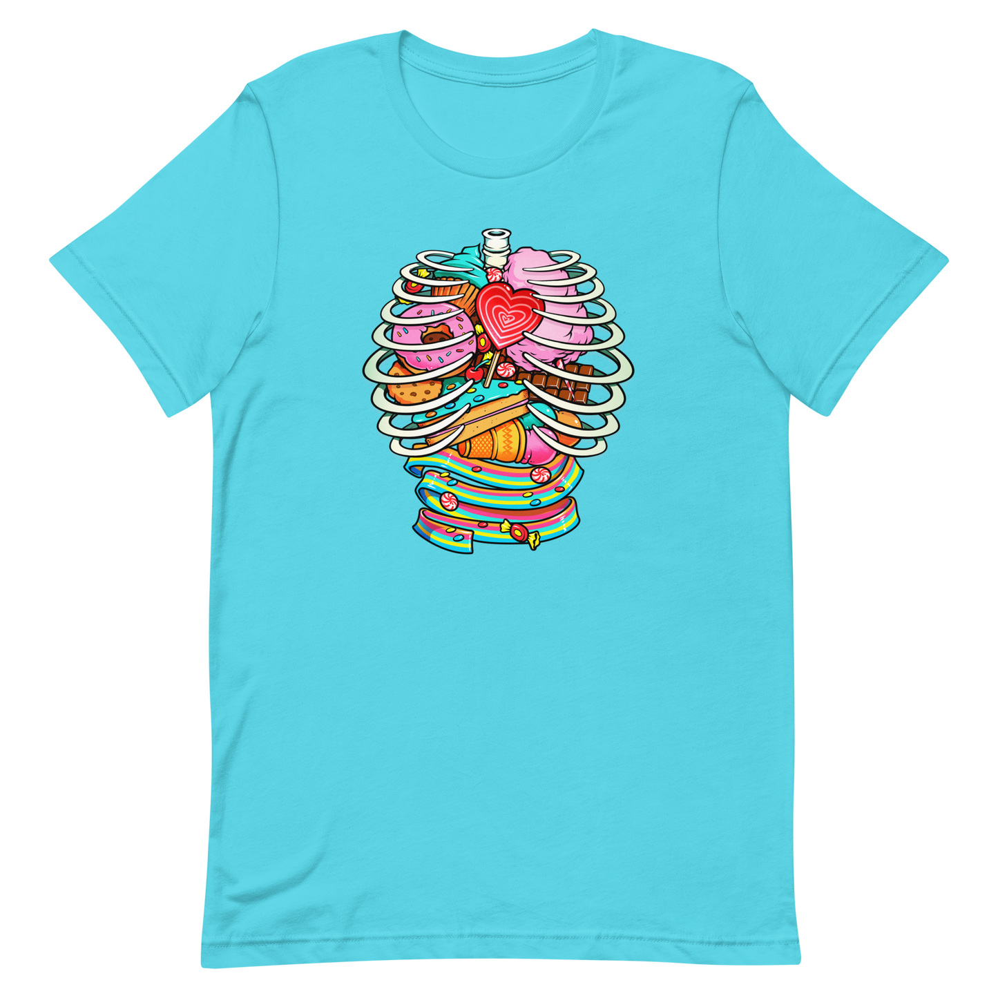 This vibrant design features a detailed, cartoonish human ribcage with various colorful candies and sweets filling the cavity. The sweets include a heart-shaped lollipop, cookies, cotton candy, chocolate bars, ice cream, donuts, and colorful candy strips. The style is reminiscent of pop art with bold lines and vivid colors, making it visually striking and playful.