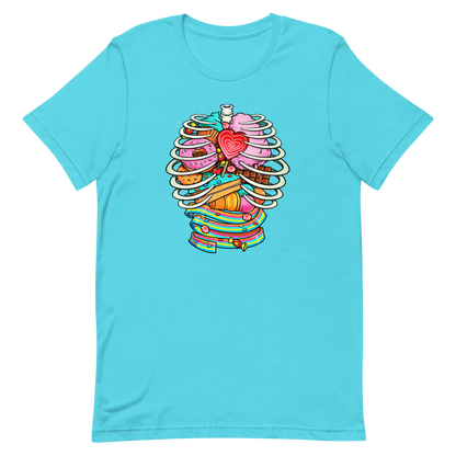 This vibrant design features a detailed, cartoonish human ribcage with various colorful candies and sweets filling the cavity. The sweets include a heart-shaped lollipop, cookies, cotton candy, chocolate bars, ice cream, donuts, and colorful candy strips. The style is reminiscent of pop art with bold lines and vivid colors, making it visually striking and playful.