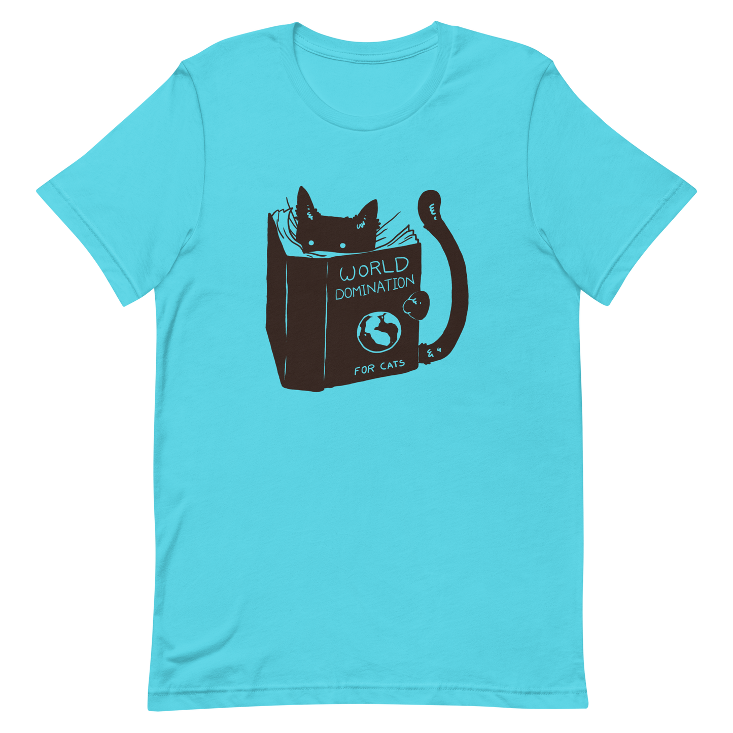 The design features a black silhouette of a cat peeking from behind an oversized book. The book's cover reads 'World Domination for Cats,' and includes a simple drawing of a globe. The cat's eyes are wide open, suggesting either surprise or intense focus on its 'world domination' plans.