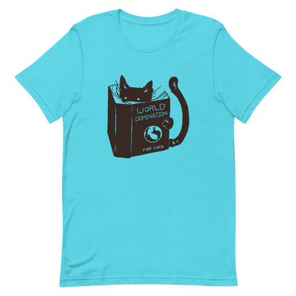 The design features a black silhouette of a cat peeking from behind an oversized book. The book's cover reads 'World Domination for Cats,' and includes a simple drawing of a globe. The cat's eyes are wide open, suggesting either surprise or intense focus on its 'world domination' plans.