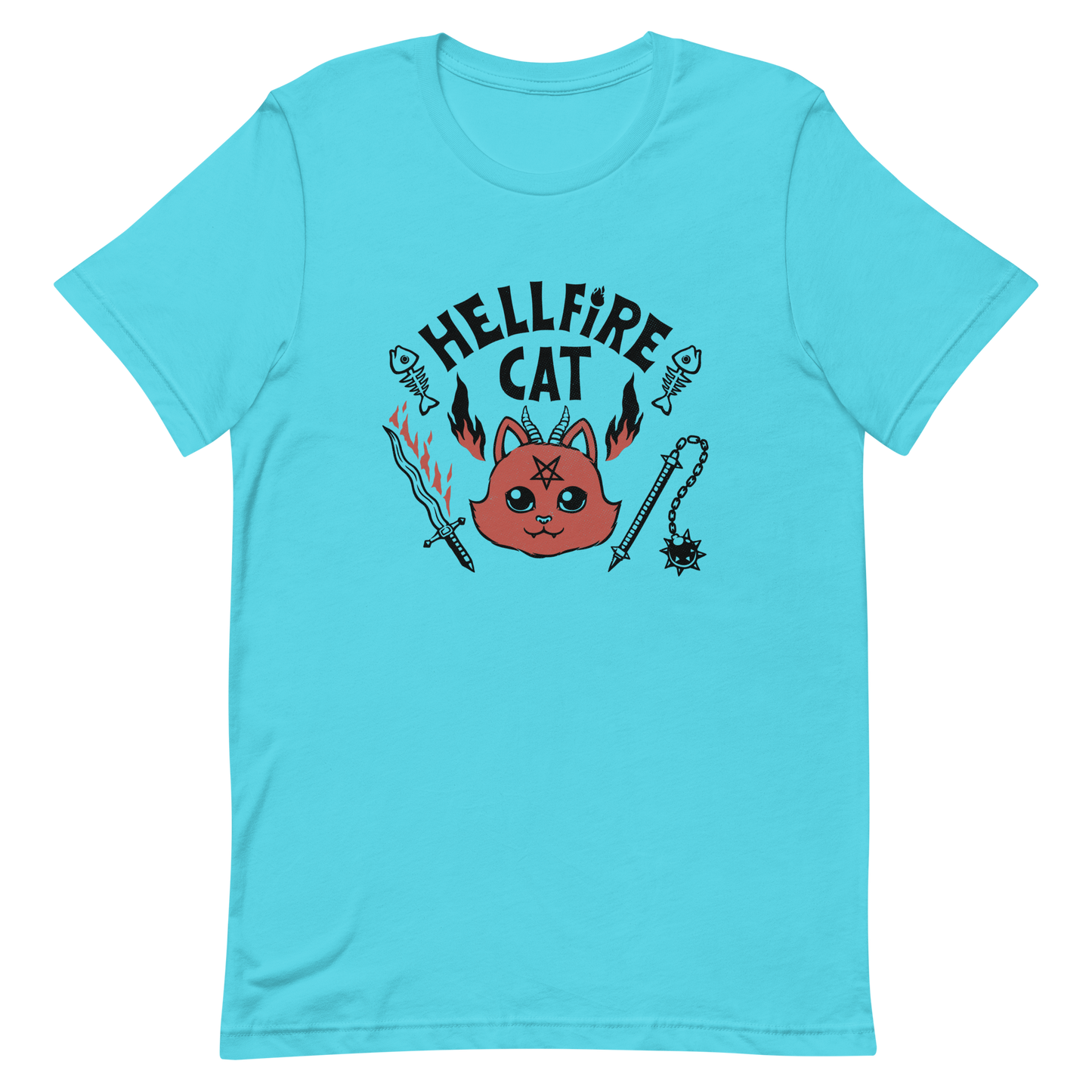 Vintage-style illustration of a cute red devil cat with small horns and a pentagram on its forehead, surrounded by flames, weapons, fish skeletons, and the bold phrase “Hellfire Cat” in a playful gothic design.