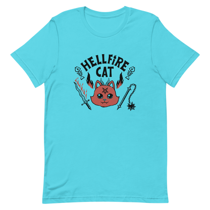 Vintage-style illustration of a cute red devil cat with small horns and a pentagram on its forehead, surrounded by flames, weapons, fish skeletons, and the bold phrase “Hellfire Cat” in a playful gothic design.