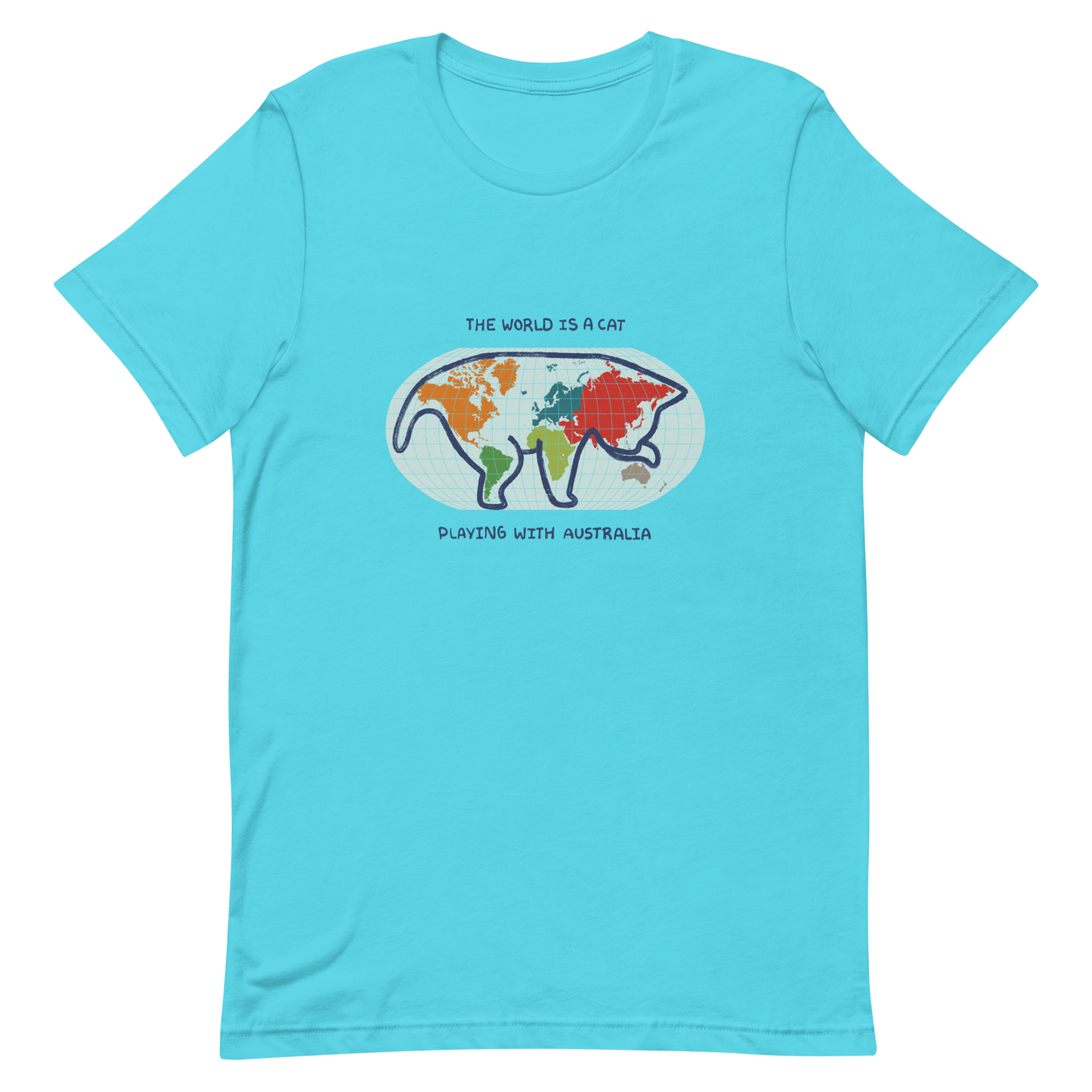 The world map forms the silhouette of a giant cat playing with Australia as if it were a toy. This design transforms the planet into a fun scene that combines humor and imagination. Ideal for cat lovers, geography enthusiasts and anyone who enjoys seeing the world with a touch of creativity.
