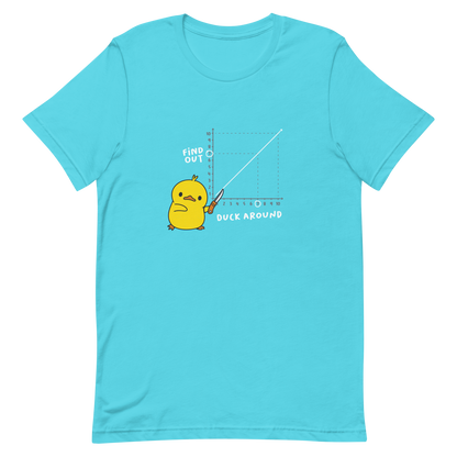 A cute little duckling holds a knife and points to a graphic depicting the inevitable connection between "Duck Around" and "Find Out." This design is a visual play on the famous "F*uck around and find out" meme, reimagined with humor and cuteness. Perfect for those who love ducks, memes, and a touch of clever chaos.
