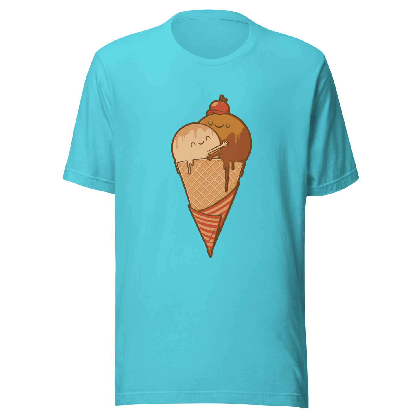 A cute illustration of an ice cream cone and two scoops hugging to form a heart, celebrating love, sweetness, and playful vibes. Perfect for dessert lovers and fans of adorable art.