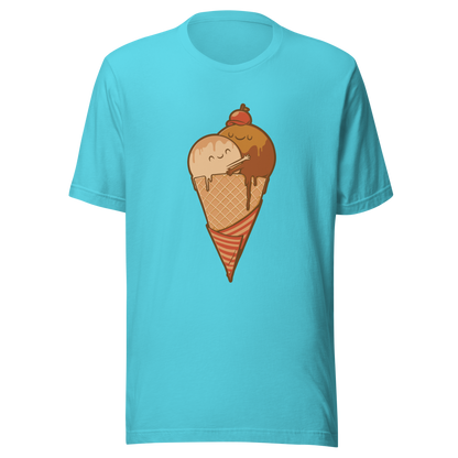 A cute illustration of an ice cream cone and two scoops hugging to form a heart, celebrating love, sweetness, and playful vibes. Perfect for dessert lovers and fans of adorable art.