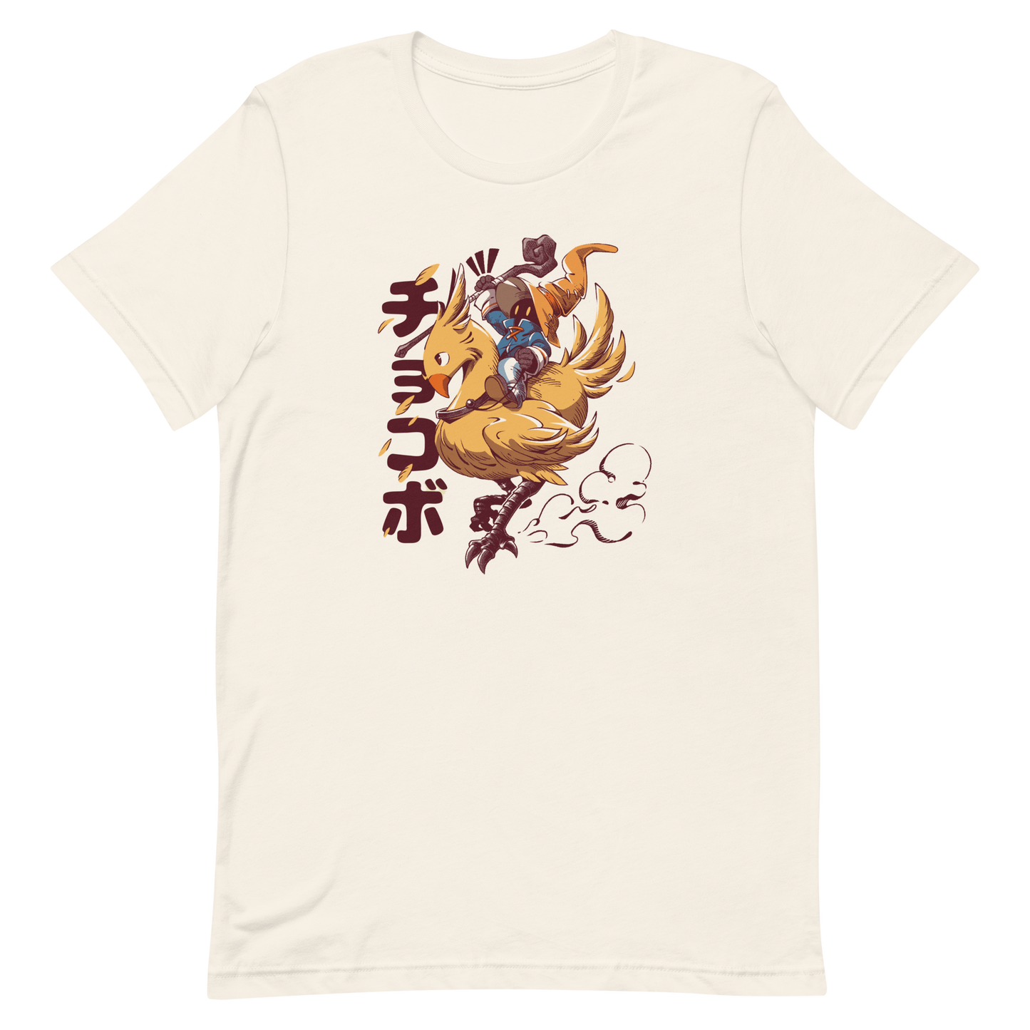 A speedy yellow bird dashes forward with a tiny mage rider gripping tight and ready for action. A fun and nostalgic design full of movement and fantasy charm.