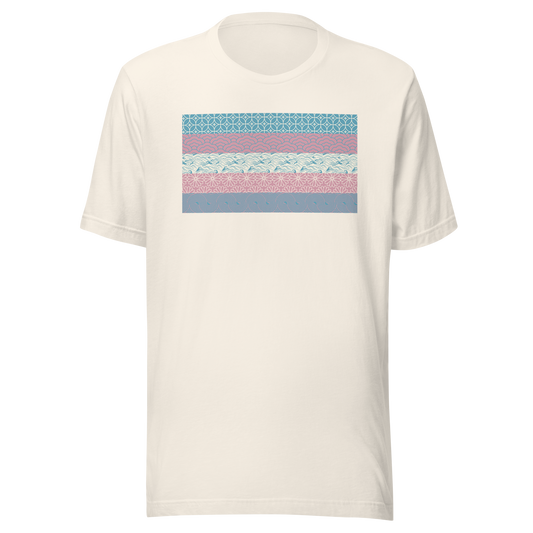 The transgender pride flag reimagined with a variety of textures across each stripe, creating a vibrant artistic take on this iconic symbol. A celebration of pride, visibility, inclusion, and self-expression.