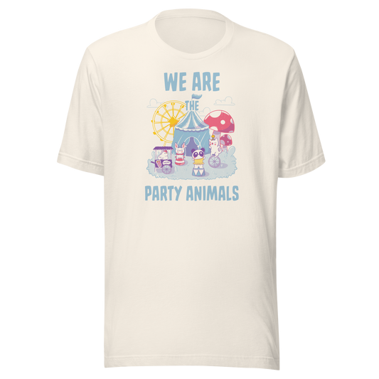 A surreal and adorable circus scene featuring various animals, such as chickens, cats, and pandas, accompanied by the phrase ‘We Are The Party Animals’. A playful kawaii-style design for anyone who loves animals and the magic of the circus.