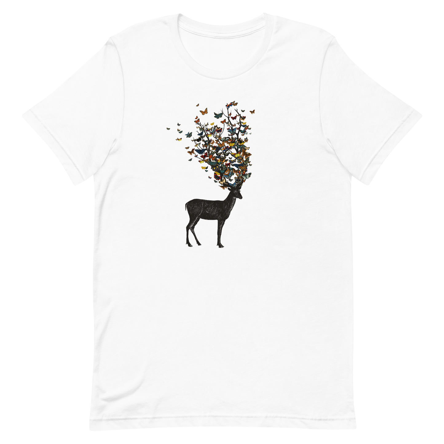 The image depicts a dark, silhouetted deer standing on a neutral background. Instead of branches, its antlers transform into a swirling cloud of vibrant, colorful butterflies that extend upwards and outward. The mix of organic and ethereal elements creates a captivating and whimsical visual contrast.