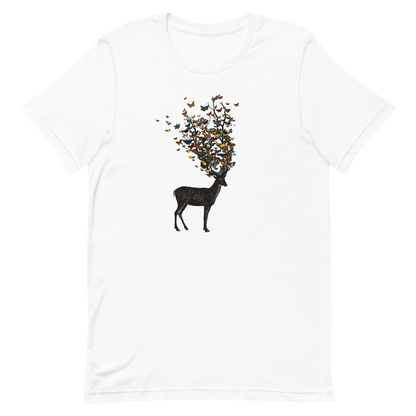 The image depicts a dark, silhouetted deer standing on a neutral background. Instead of branches, its antlers transform into a swirling cloud of vibrant, colorful butterflies that extend upwards and outward. The mix of organic and ethereal elements creates a captivating and whimsical visual contrast.