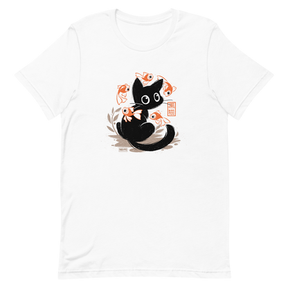 This unique design features a charming black cat amidst playful koi, rendered in beautiful Sumi-e ink style. A perfect blend of Japanese art and anime whimsy for any cat lover.