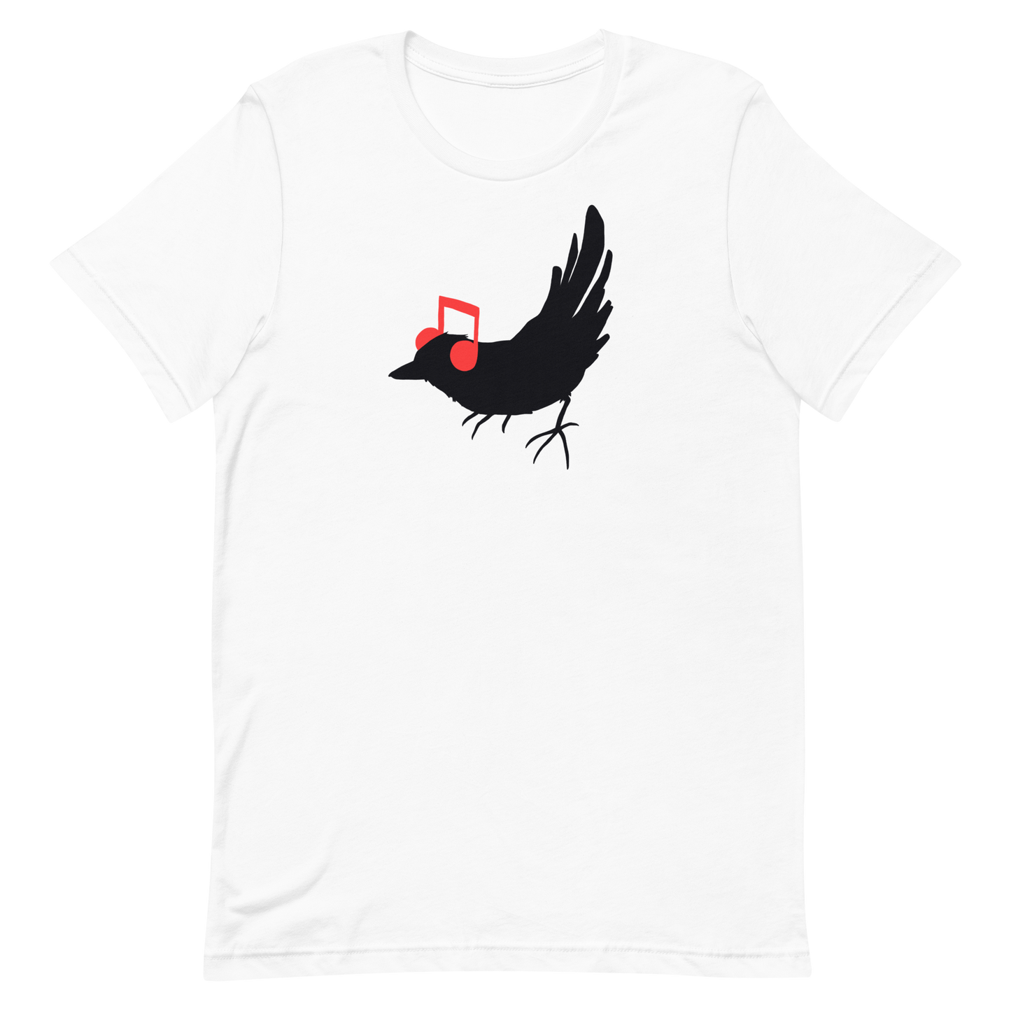 The drawing is a black silhouette of a bird in profile, standing on the ground, with bright red musical notes positioned like headphones over its ears, creating a whimsical and playful contrast. The drawing is simple, using solid colors and minimal details, giving it a modern and fun feel suitable for various merchandise like t-shirts, stickers, coffee cups, and skateboards.