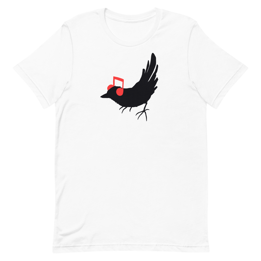 The drawing is a black silhouette of a bird in profile, standing on the ground, with bright red musical notes positioned like headphones over its ears, creating a whimsical and playful contrast. The drawing is simple, using solid colors and minimal details, giving it a modern and fun feel suitable for various merchandise like t-shirts, stickers, coffee cups, and skateboards.