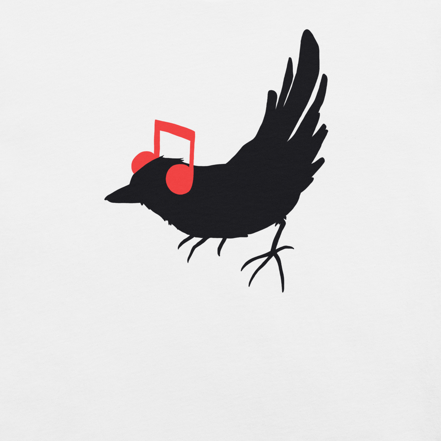 The drawing is a black silhouette of a bird in profile, standing on the ground, with bright red musical notes positioned like headphones over its ears, creating a whimsical and playful contrast. The drawing is simple, using solid colors and minimal details, giving it a modern and fun feel suitable for various merchandise like t-shirts, stickers, coffee cups, and skateboards.