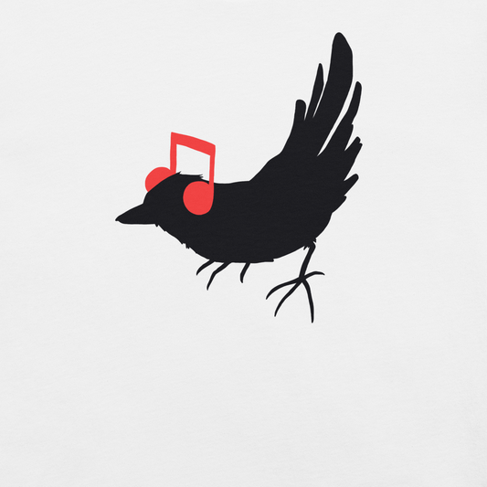 The drawing is a black silhouette of a bird in profile, standing on the ground, with bright red musical notes positioned like headphones over its ears, creating a whimsical and playful contrast. The drawing is simple, using solid colors and minimal details, giving it a modern and fun feel suitable for various merchandise like t-shirts, stickers, coffee cups, and skateboards.