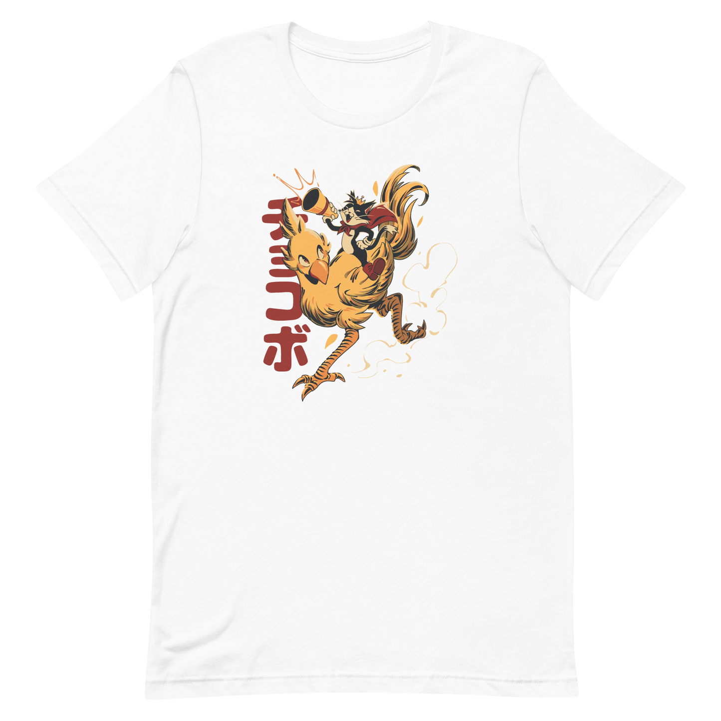 A stylized cartoon illustration of a confident cat wearing a cape and crown while riding a large yellow bird at full speed, with dynamic motion lines and Japanese writing in the background.