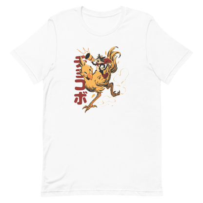 A stylized cartoon illustration of a confident cat wearing a cape and crown while riding a large yellow bird at full speed, with dynamic motion lines and Japanese writing in the background.