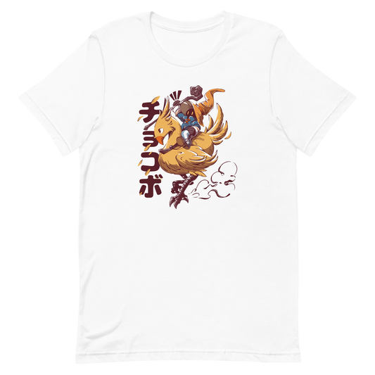 A speedy yellow bird dashes forward with a tiny mage rider gripping tight and ready for action. A fun and nostalgic design full of movement and fantasy charm.