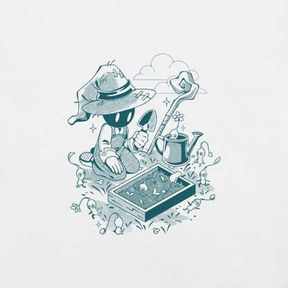 Illustration of a small wizard-like figure kneeling in a garden, using a trowel to plant seedlings while tiny plant creatures gather around, with a staff, watering can, and clouds in the background, drawn in a monochrome teal style.