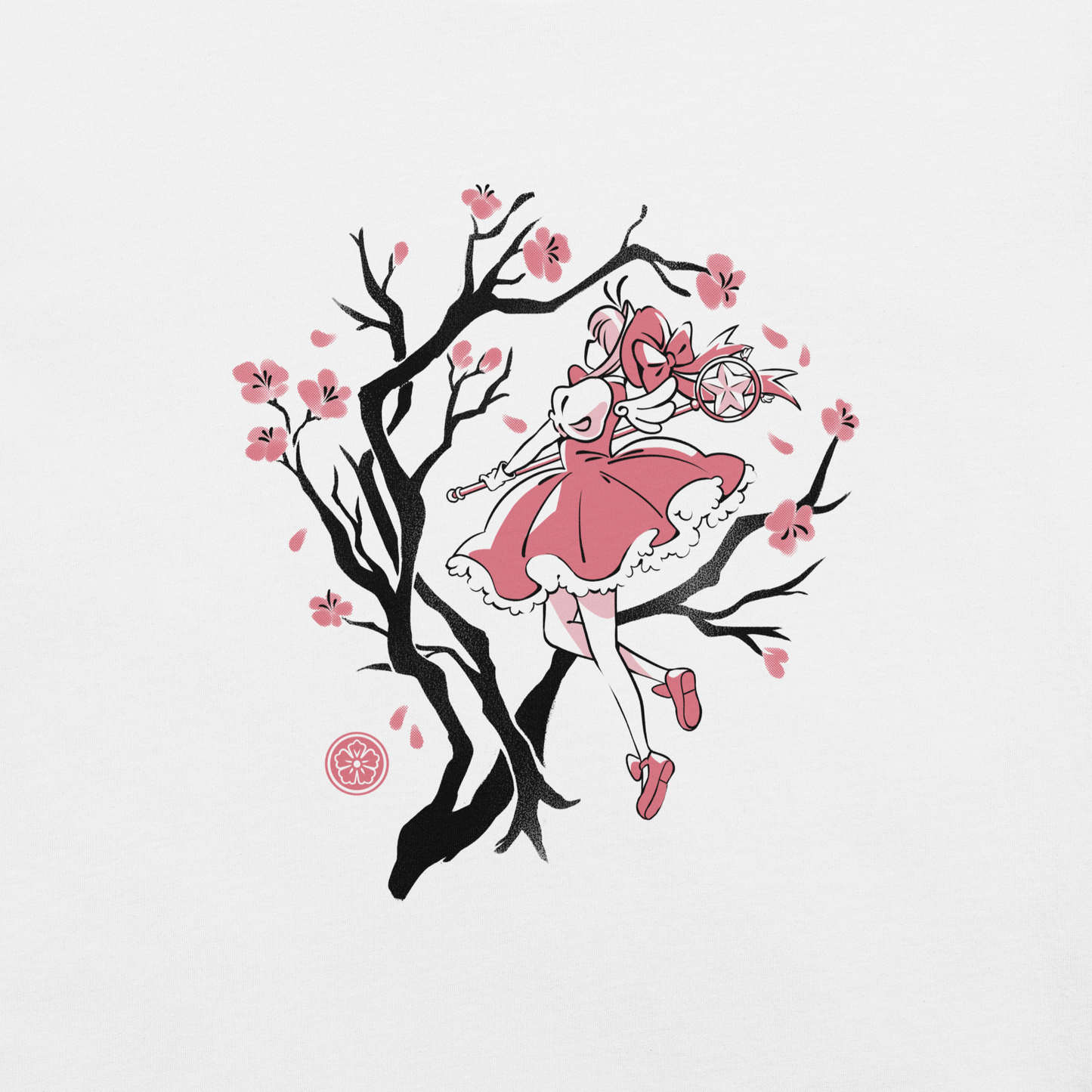 A magical girl floats gracefully among blooming sakura branches, captured in a minimalist sumi-e style. A delicate blend of Japanese tradition, anime nostalgia, and soft fantasy charm.