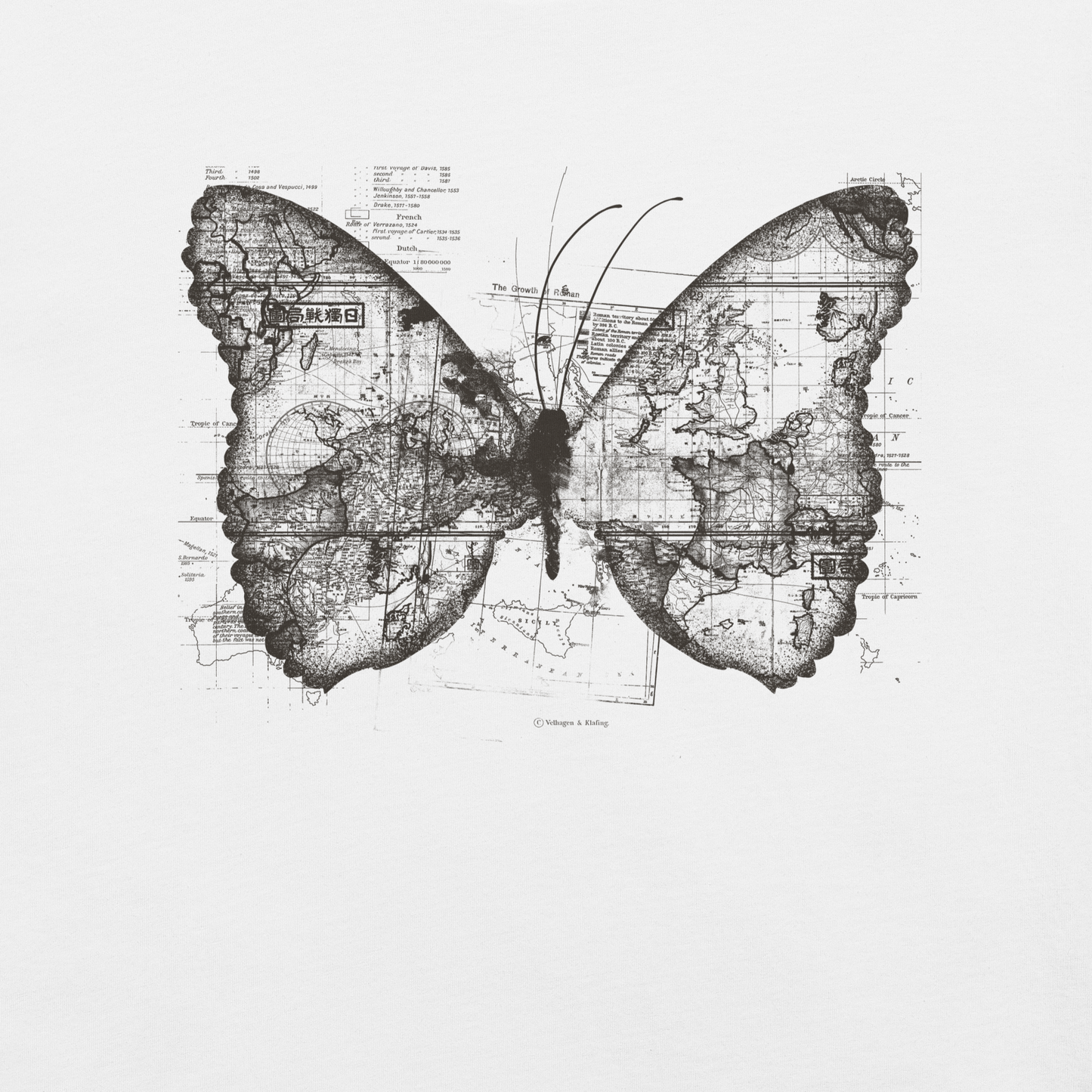 The image features a black and white butterfly where the wings are created using ancient world map designs. The maps overlay in intricate detail, blending geographical elements with the organic shape of the butterfly. Surrounding the butterfly are faint outlines of text and additional geographic features, creating a vintage and exploratory vibe.
