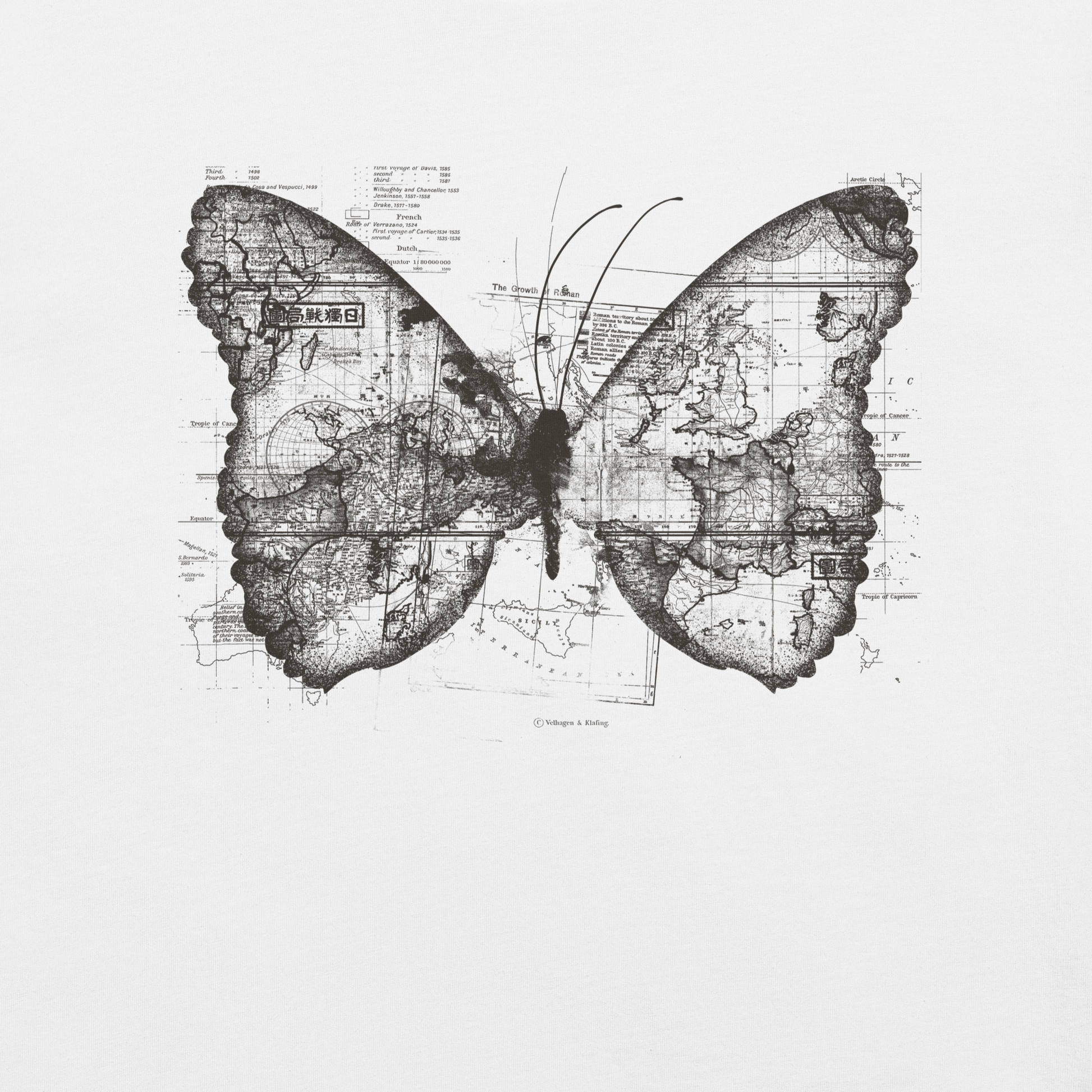 The image features a black and white butterfly where the wings are created using ancient world map designs. The maps overlay in intricate detail, blending geographical elements with the organic shape of the butterfly. Surrounding the butterfly are faint outlines of text and additional geographic features, creating a vintage and exploratory vibe.