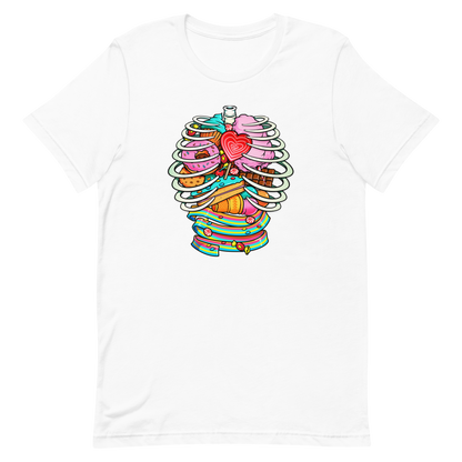 This vibrant design features a detailed, cartoonish human ribcage with various colorful candies and sweets filling the cavity. The sweets include a heart-shaped lollipop, cookies, cotton candy, chocolate bars, ice cream, donuts, and colorful candy strips. The style is reminiscent of pop art with bold lines and vivid colors, making it visually striking and playful.