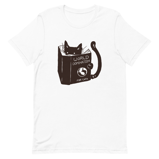 The design features a black silhouette of a cat peeking from behind an oversized book. The book's cover reads 'World Domination for Cats,' and includes a simple drawing of a globe. The cat's eyes are wide open, suggesting either surprise or intense focus on its 'world domination' plans.