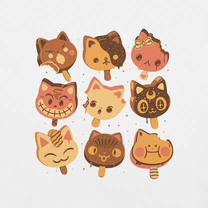 Nine kawaii-style popsicle cats, each with different expressions and toppings, blending cuteness and fun. This artwork combines the love of cats and sweets in an irresistible and creative design. Perfect for cat lovers and kawaii fans.