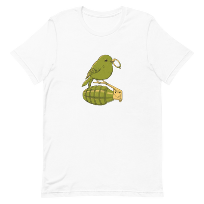 A small, detailed bird with a realistic style perches on top of a hand grenade. The bird holds the pin of the grenade in its beak, giving the image a whimsical yet ironic feel. The color palette consists of shades of green and tan, with a playful blend of nature and military elements. The overall vibe is quirky and thought-provoking, blending humor with a hint of danger.