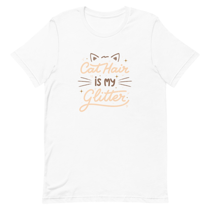 This artwork features fun lettering with the phrase "Cat Hair is My Glitter," accompanied by cat ears, hearts, and gold glitter. It humorously celebrates the lives of those who live with cats and have grown accustomed to having fur everywhere. Ideal for feline lovers who wear their furry coats as if they were real glitter.