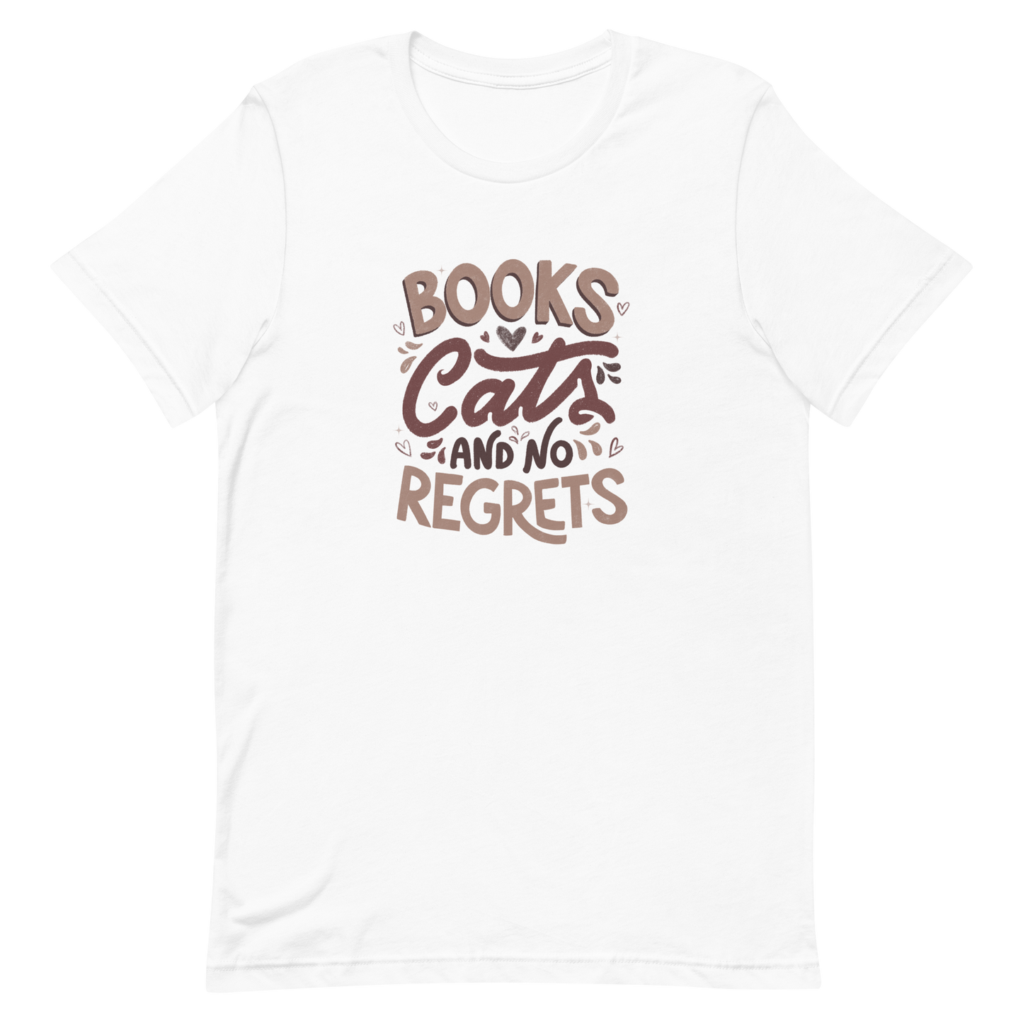 A stylish lettering with the phrase "Books, Cats, and No Regrets," decorated with hearts and cute details, conveys the idea that books and cats are all we need for a happy, regret-free life. Perfect for book lovers and cat lovers who enjoy prints full of personality.