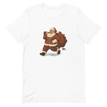 A cute Santa Claus carrying a red bag full of what appear to be gifts, but when you look closer you can see that there are several little boys. A fun art that mixes up the story that the good boys are going to get charcoal from Santa, but this time Santa is taking them.