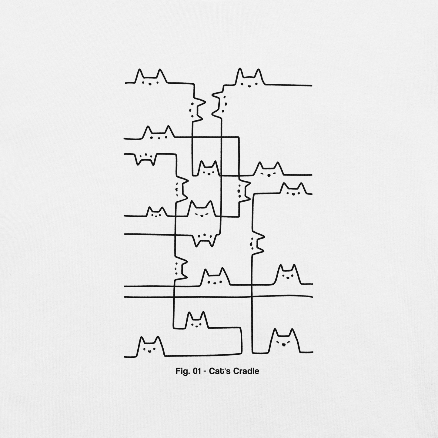 A minimalist artwork of cats drawn with simple black lines, connected as if they were part of a game of string. This design is inspired by the classic "cat's cradle," perfect for cat lovers, fans of quirky line art, and anyone who appreciates clever, lighthearted illustrations.