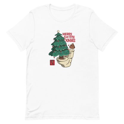 A toilet from which a Christmas tree is being decorated with Christmas decorations by a small poop, next to them the phrase "Merry Shitty Xmas". An art with a lot of humor for the Christmas mood.