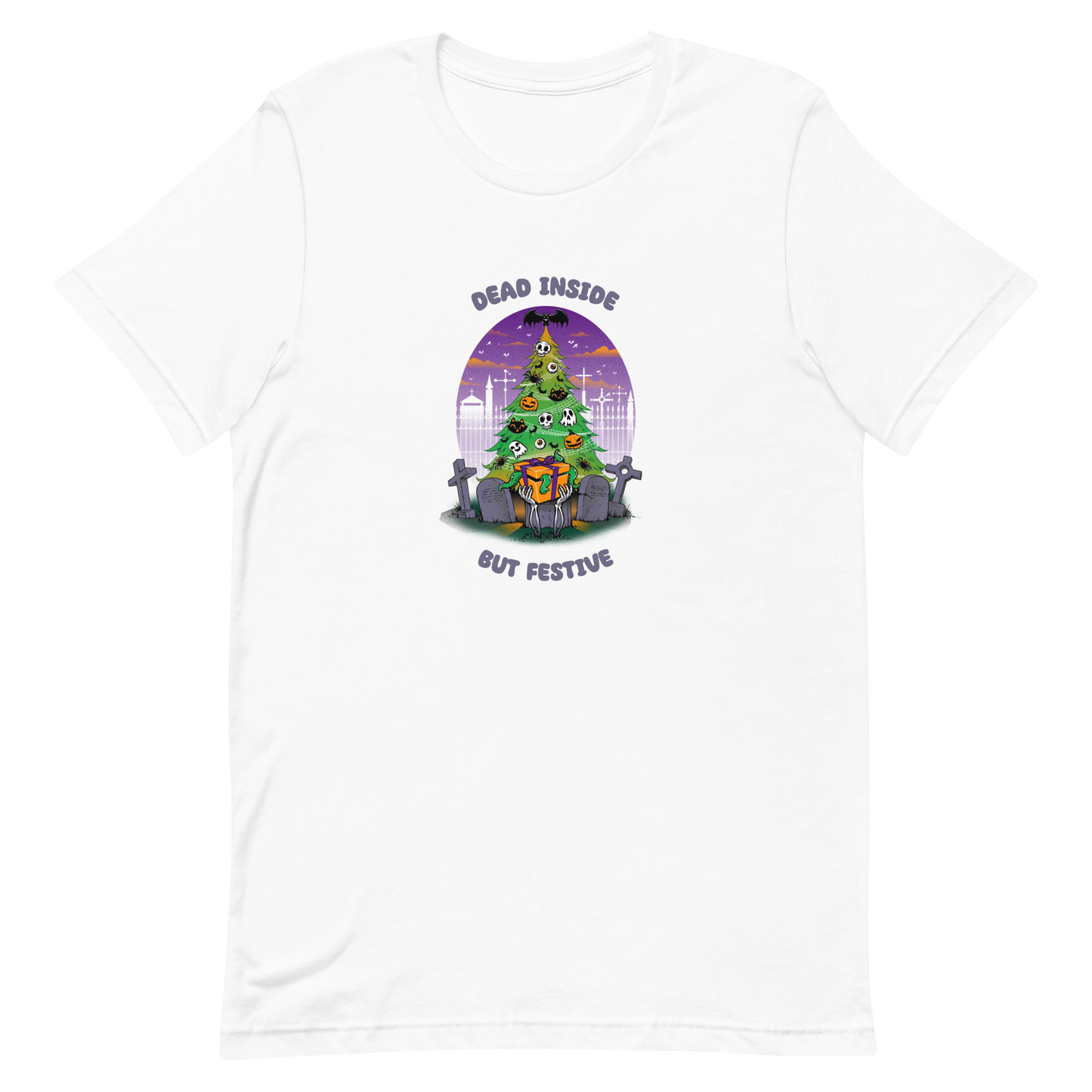 A quirky illustration features a Christmas tree decorated with skulls, pumpkins, and bats, set in a graveyard. The sky is purple and orange, with bats and tombstones surrounding the tree. A skeleton hand holds a festive gift box at the base. Above, text reads "Dead Inside" and below, "But Festive". The design combines Halloween and Christmas elements in a humorous style, highlighting a gothic and festive theme.