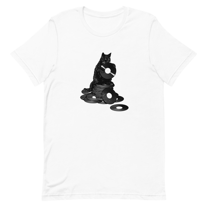 This design features a black cat cozily perched atop a stack of vinyl records, clutching one like it’s pure gold. It’s a tribute to analog lovers, feline charm, and the timeless joy of spinning a record. Perfect for music collectors, cat enthusiasts, and anyone with a nostalgic soul.