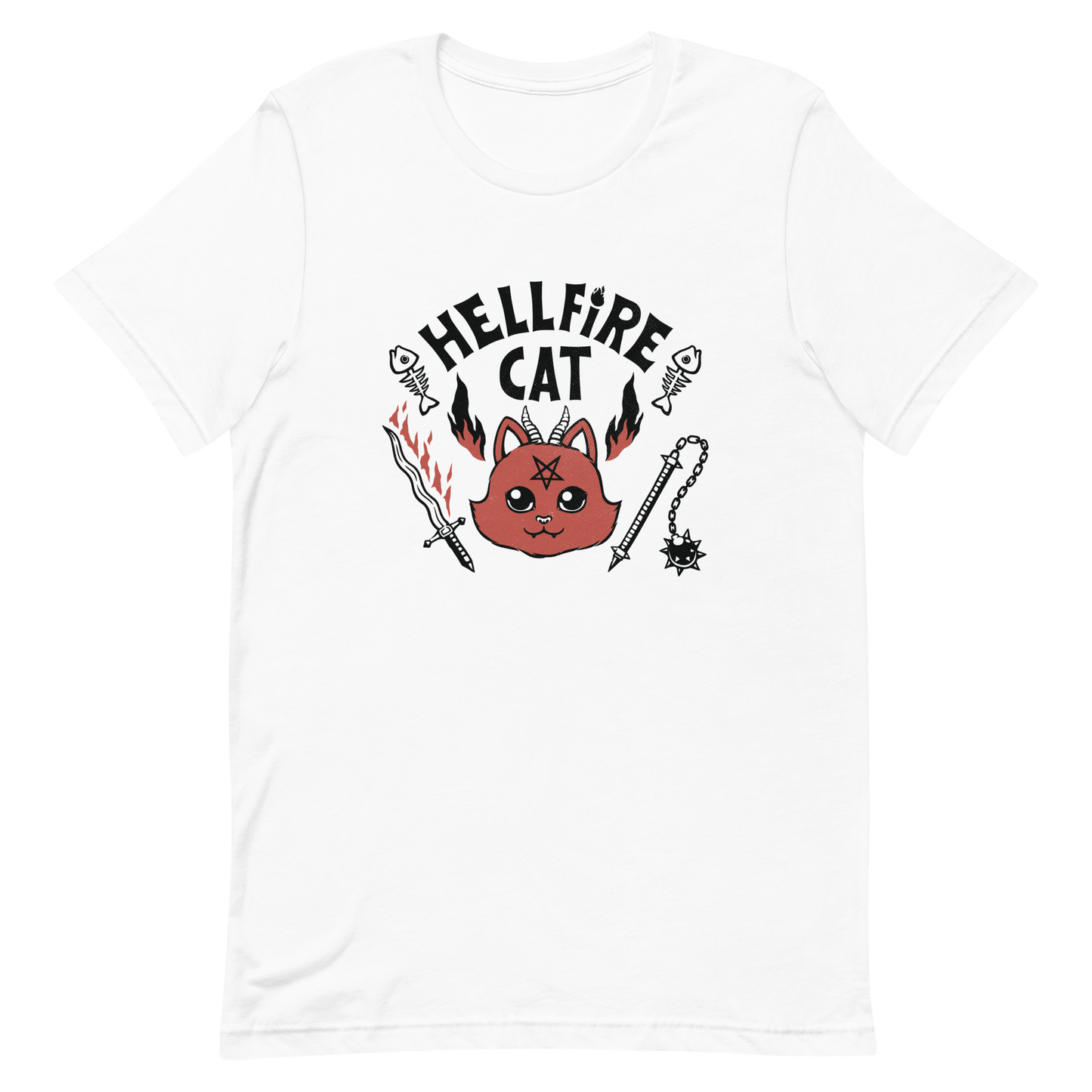 Vintage-style illustration of a cute red devil cat with small horns and a pentagram on its forehead, surrounded by flames, weapons, fish skeletons, and the bold phrase “Hellfire Cat” in a playful gothic design.