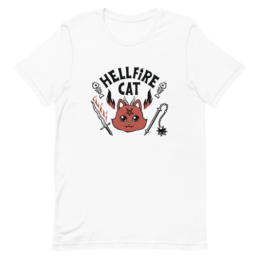 Vintage-style illustration of a cute red devil cat with small horns and a pentagram on its forehead, surrounded by flames, weapons, fish skeletons, and the bold phrase “Hellfire Cat” in a playful gothic design.